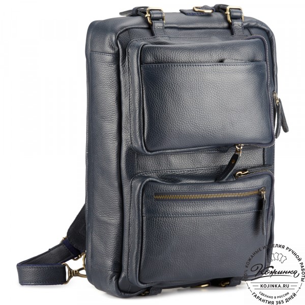 Кожаная сумка-рюкзак "Бигмэн" (синяя). фото 1