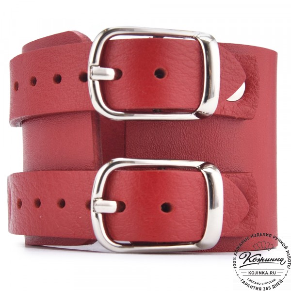Кожаный браслет "Пэн" две пряжки (красный). фото 1