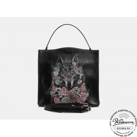 Женская кожаная сумка "Синтия" "Волчица в цветах" (чёрная)