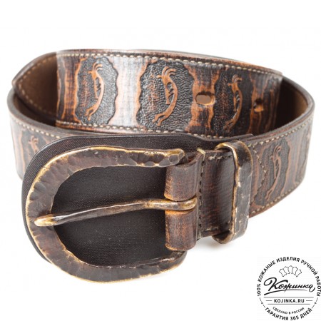 Кожаный мужской ремень "Кельт" тиснёный с дудками (коричневый)
