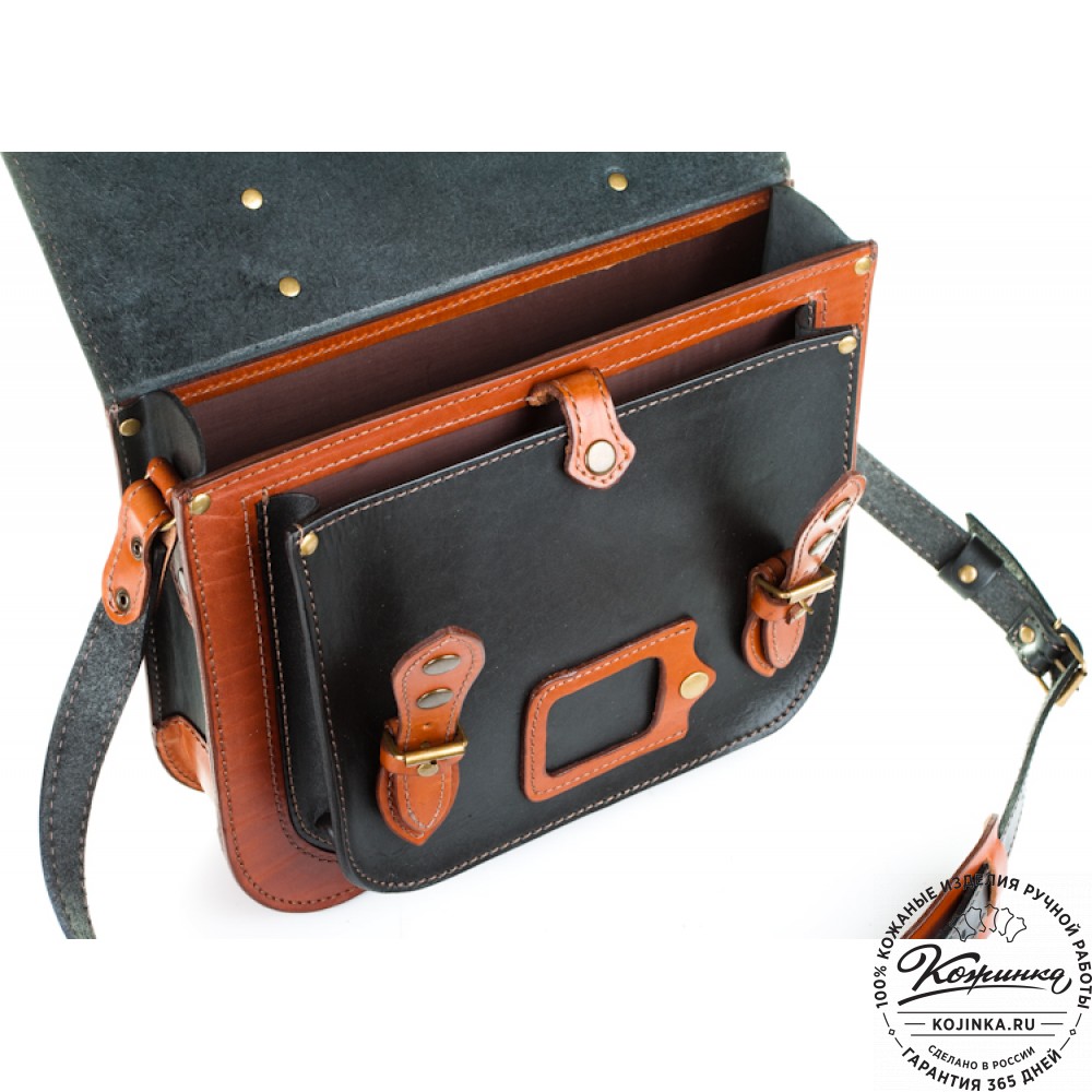 Кожаный портфель "Сатчел"  (чёрный с рыжим)