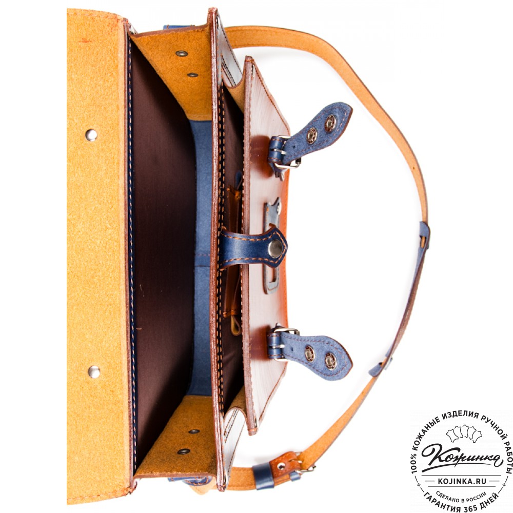Кожаный портфель "Сатчел"  (рыжий с синим)